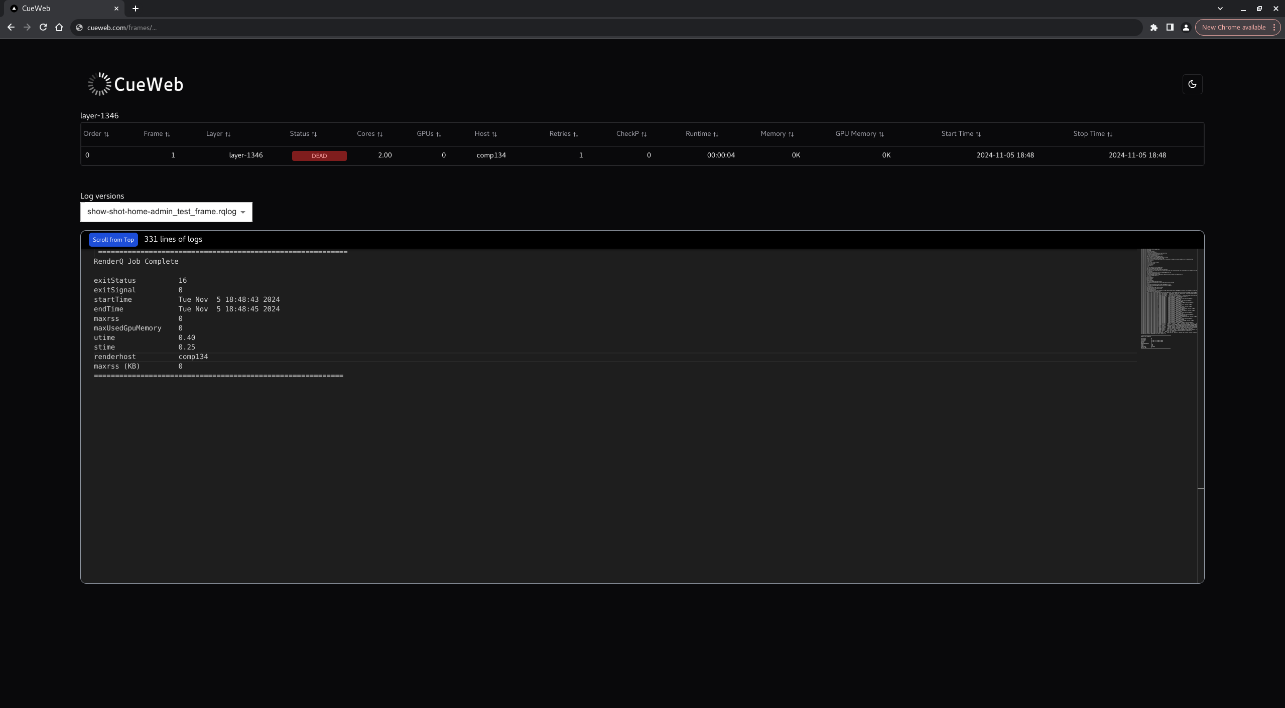 Frame information and logs visualization (dark mode)