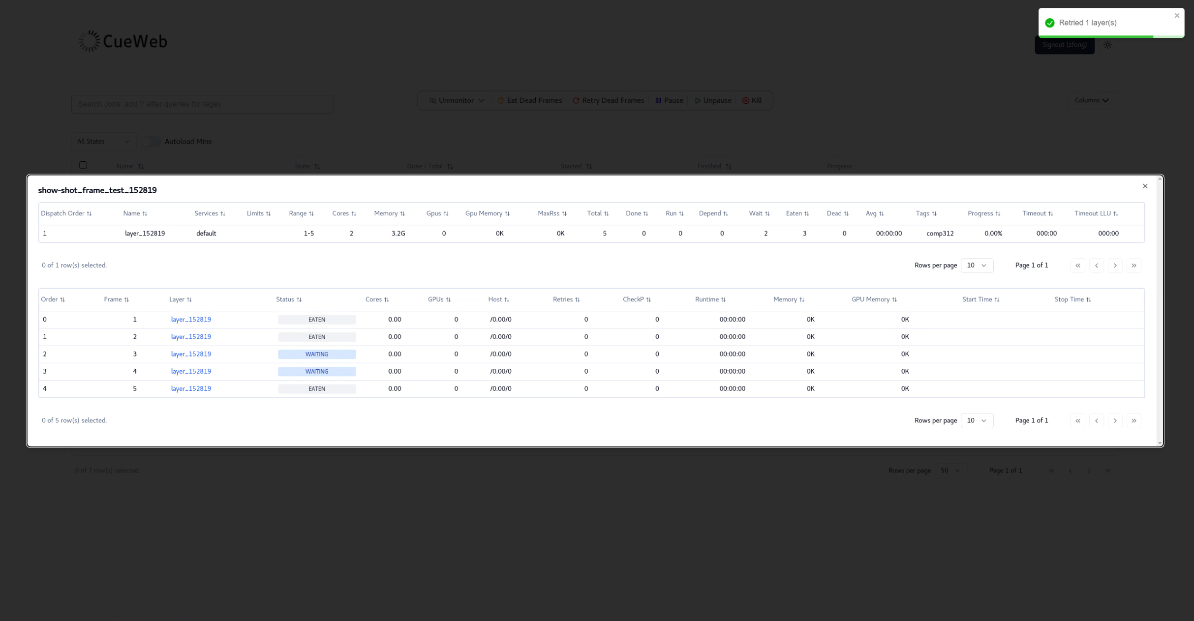 Pop-up showing successful retry layer message