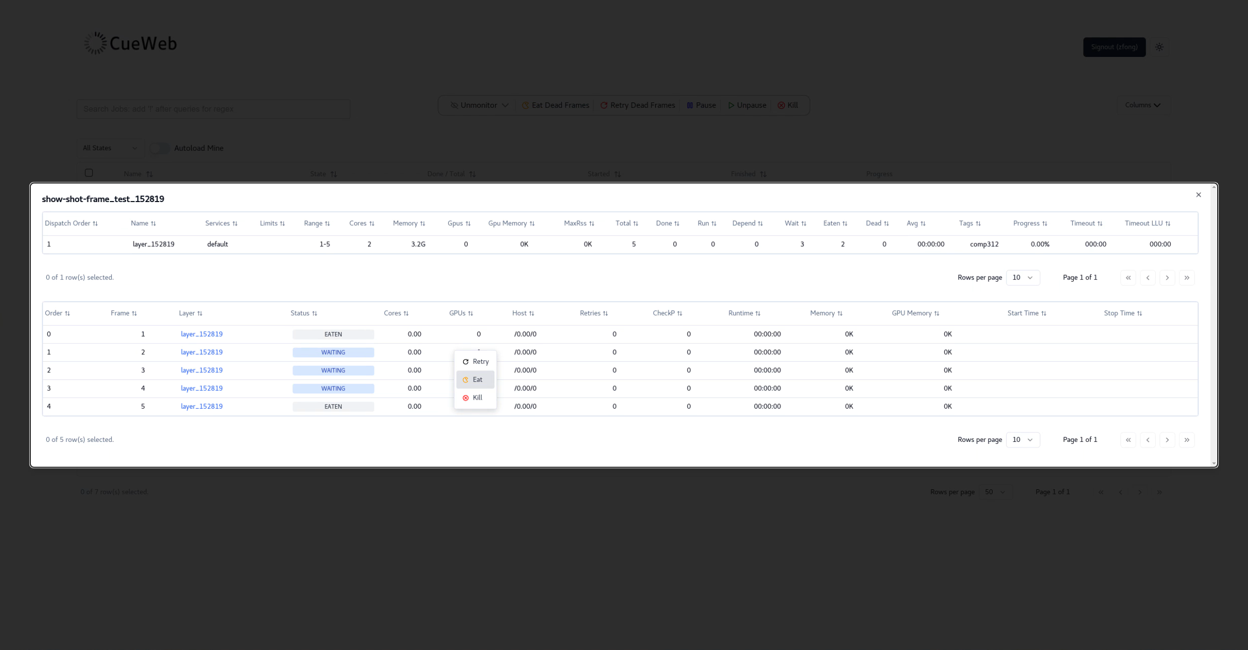 CueWeb with frame context menu open