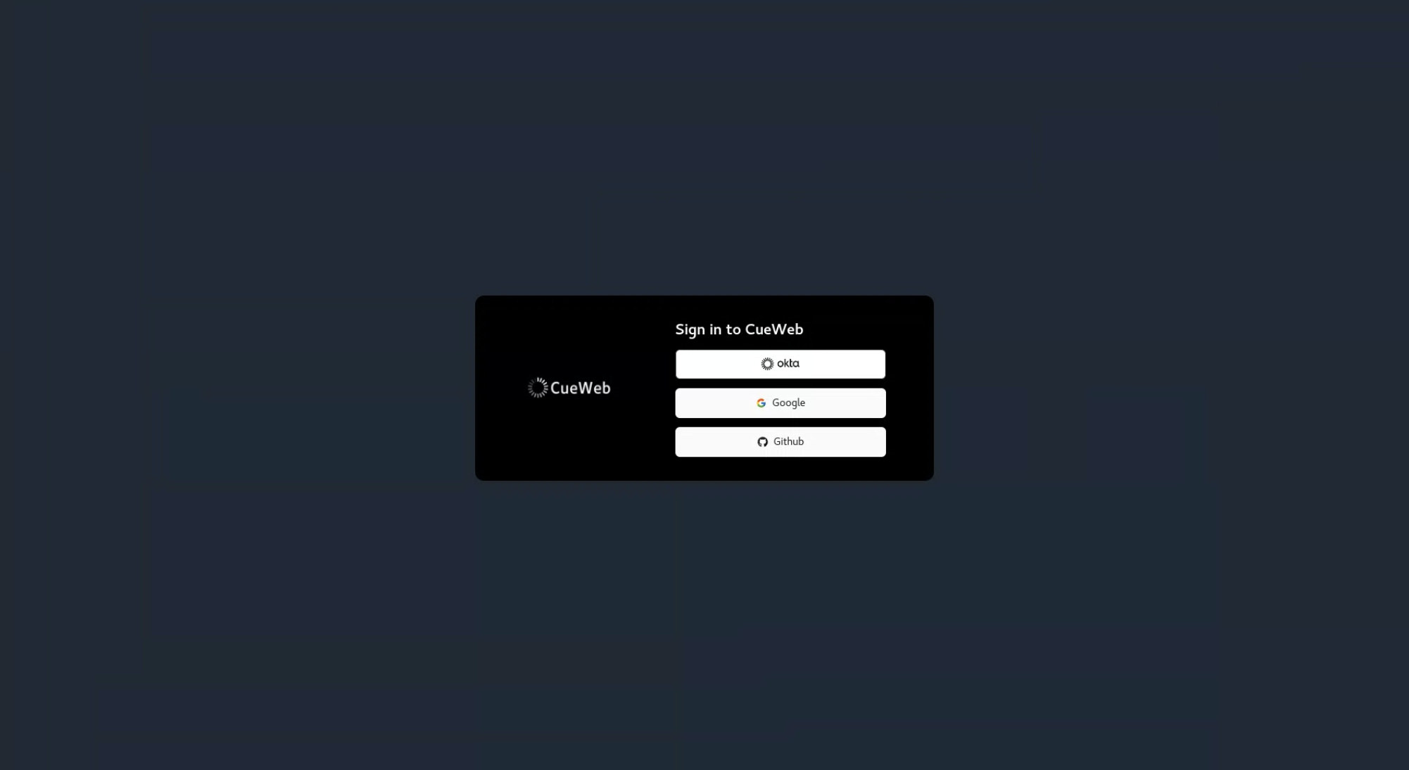 CueWeb authentication page (dark mode)
