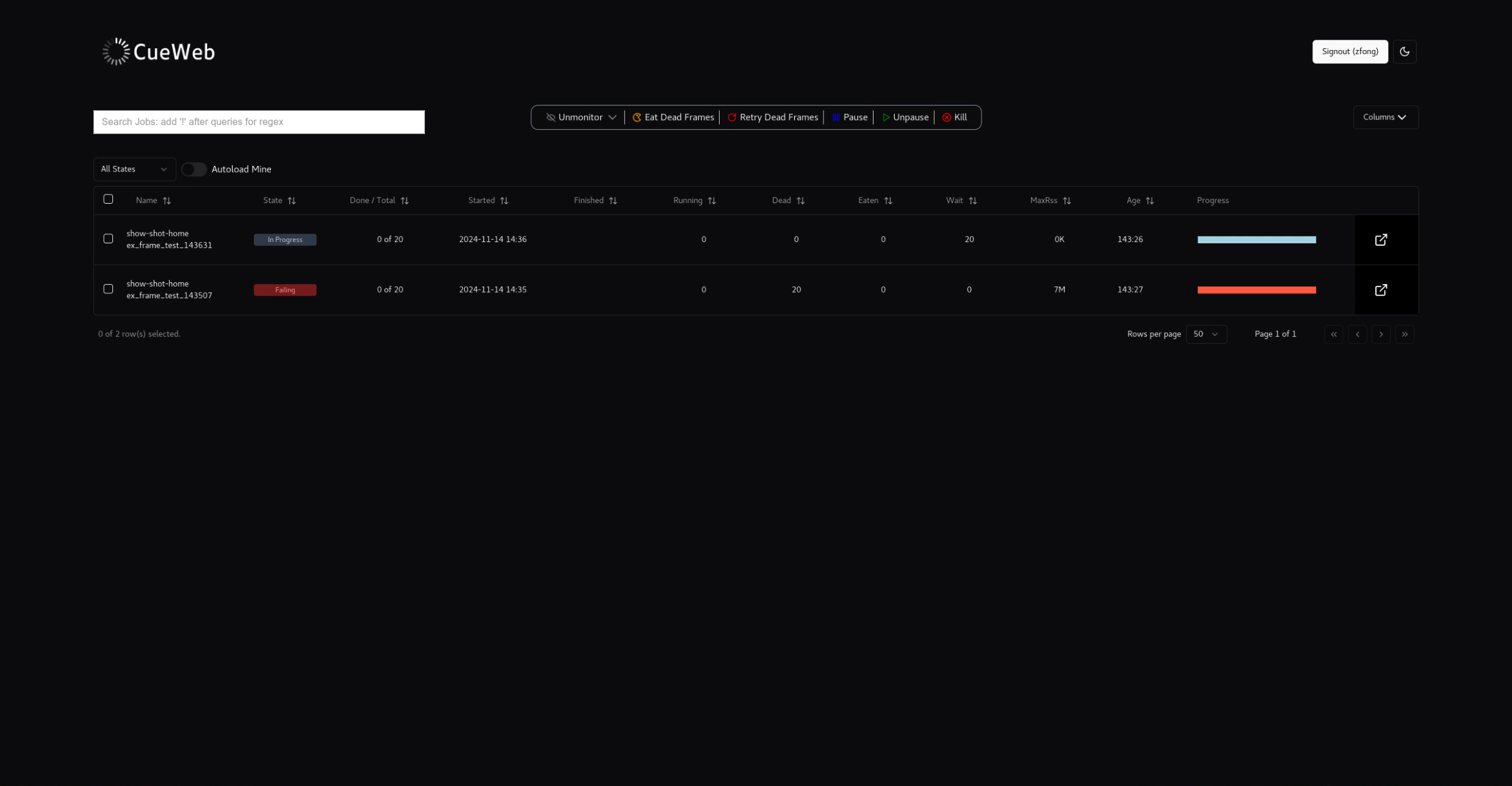 CueWeb main page (dark mode)