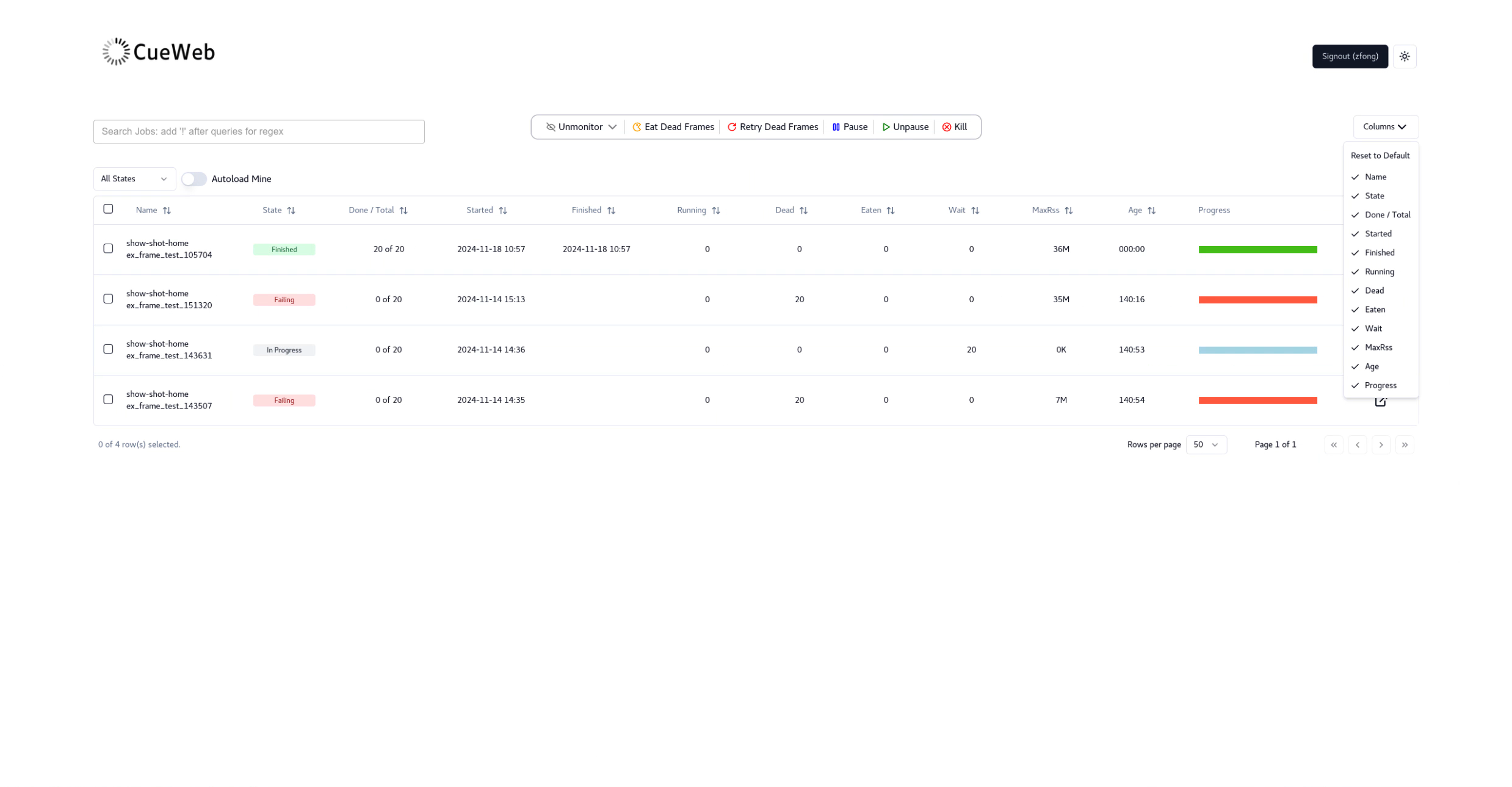 Column visibility dropdown
