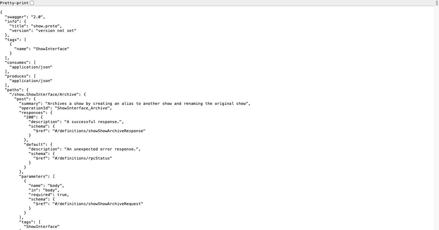 The raw OpenAPI document served at /swagger/specs/show.swagger.json
