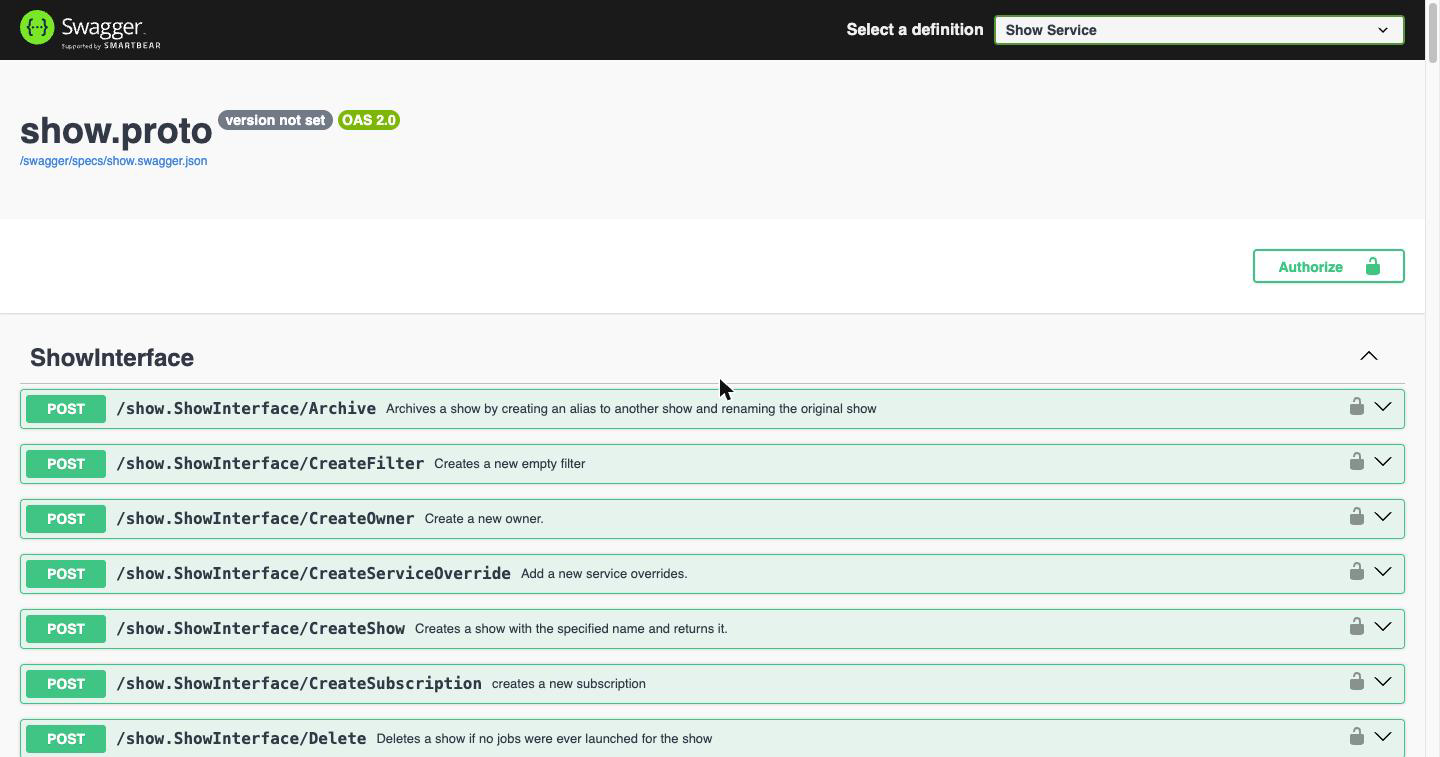 Swagger UI showing the ShowInterface endpoints