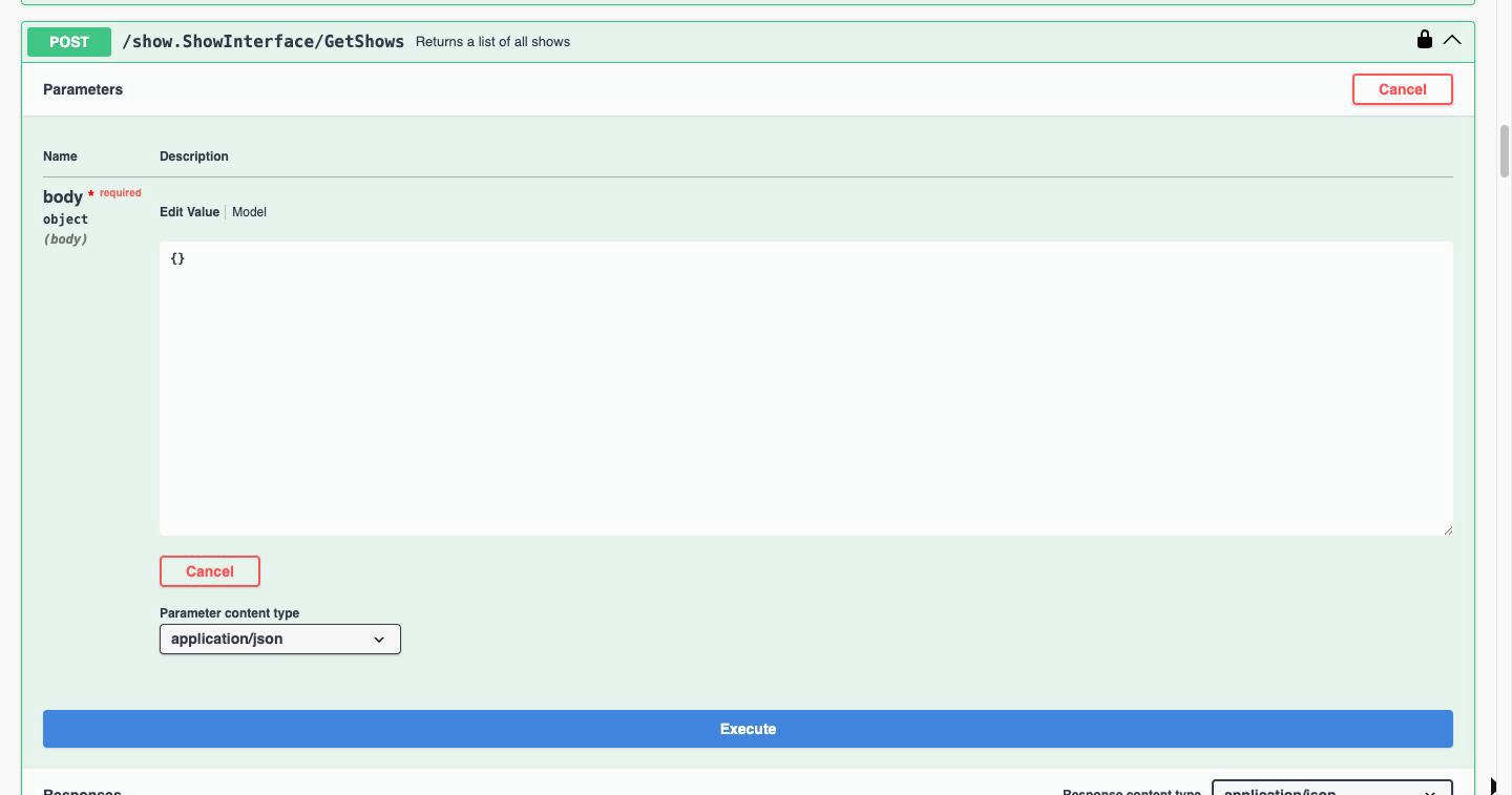 The GetShows endpoint with Try it out enabled